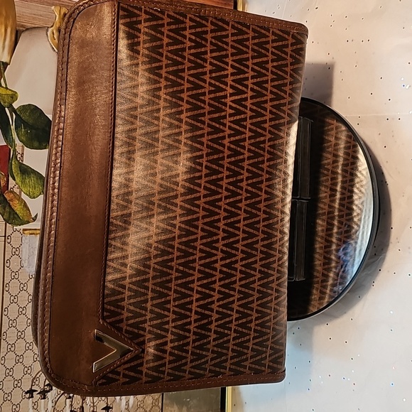 Mario Valentino Rare V Logo Chevron Leather Brown and Gold Clutch